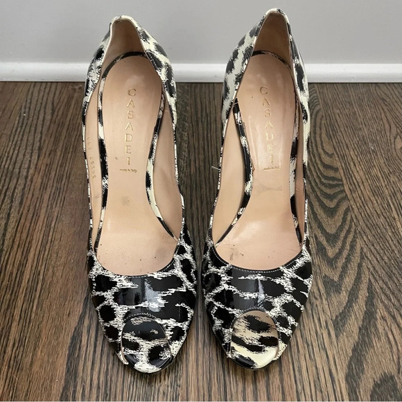 Casadei patent leather peep toe animal print stiletto heels made in Italy s10 - Picture 2 of 10